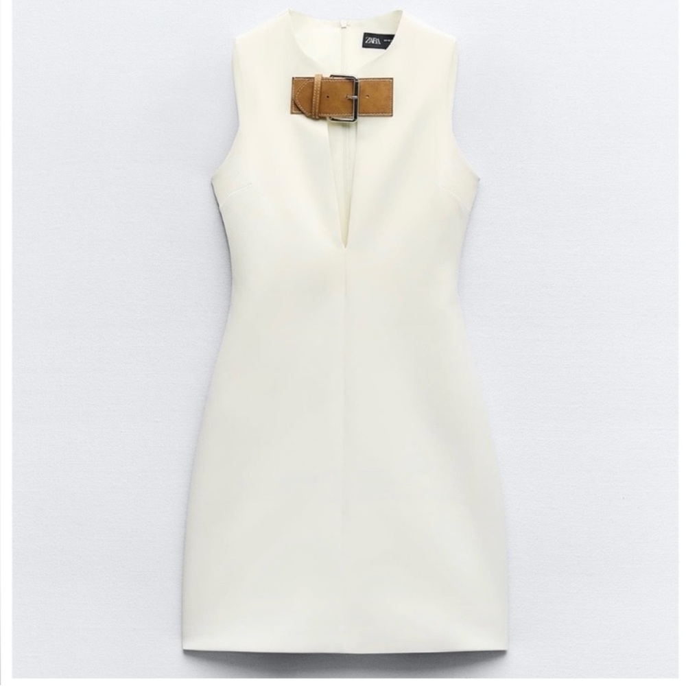Zara Cream Sleeveless Mini Dress with Tan Buckle Detail
